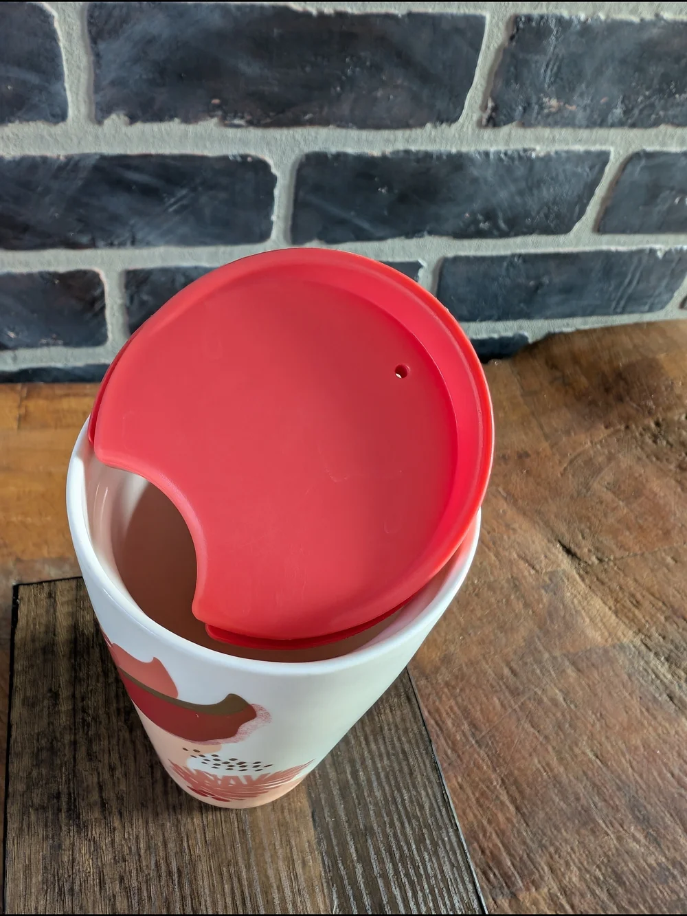 Starbucks White Ceramic Travel Mug with Coral Lid and Pinecone Accent